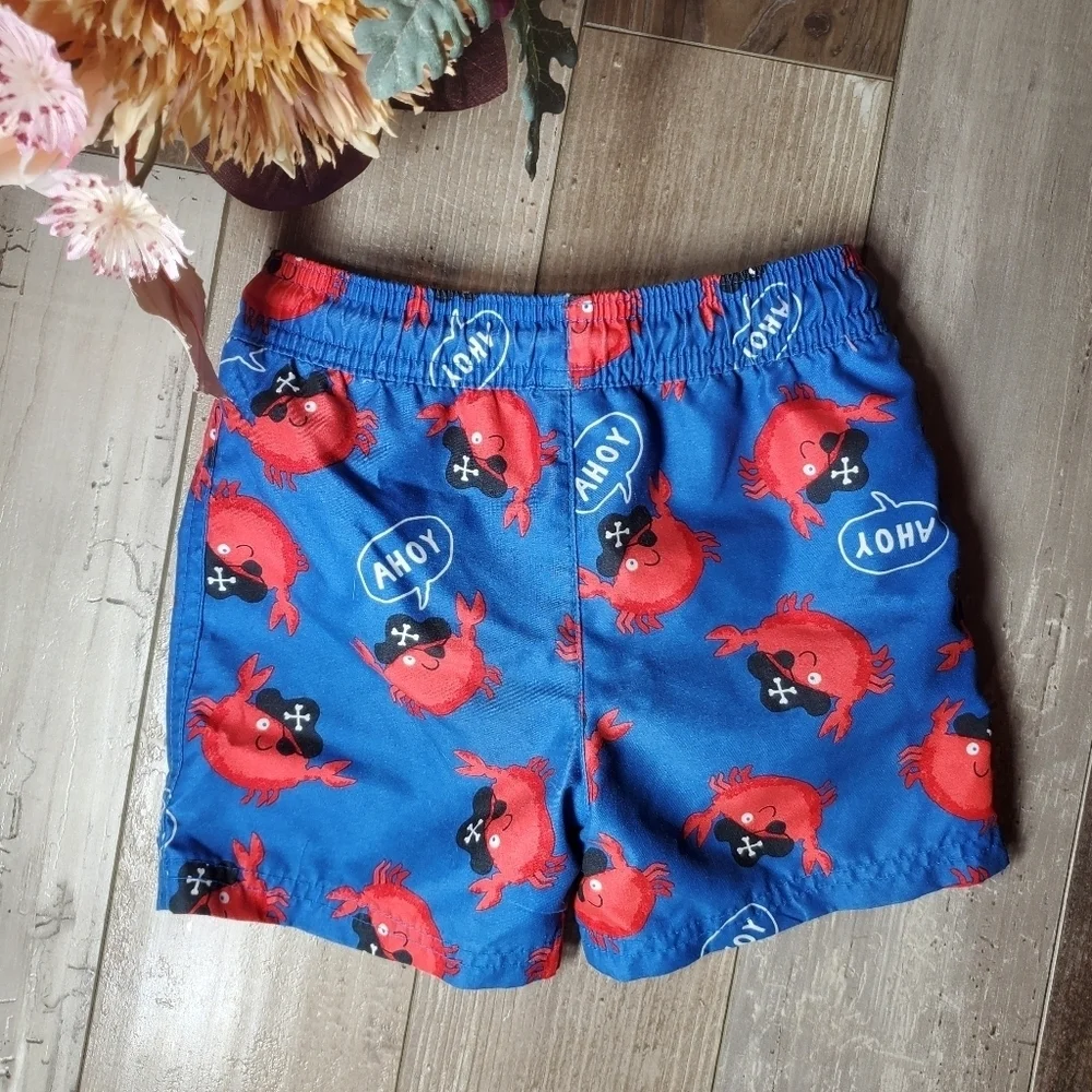 Carter's Toddler Boy Size 2T Blue Red AHOY MATEY Pirate Crab Swim Trunks NWOT